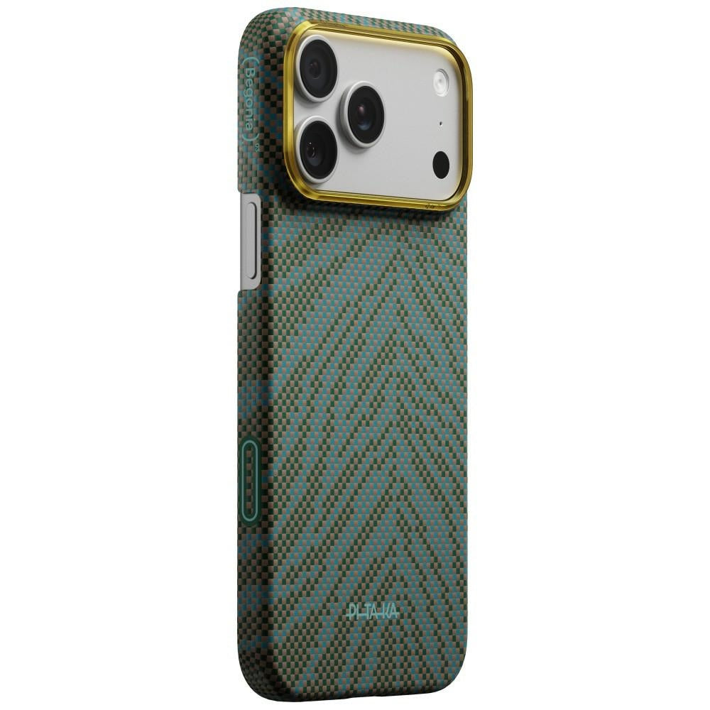 Aramid Handyhülle für iPhone 17 Pro Max, PITAKA Edge Ultra-Slim Case PitaTap mit MagSafe, Braun und Grün mit Muster (1/7)