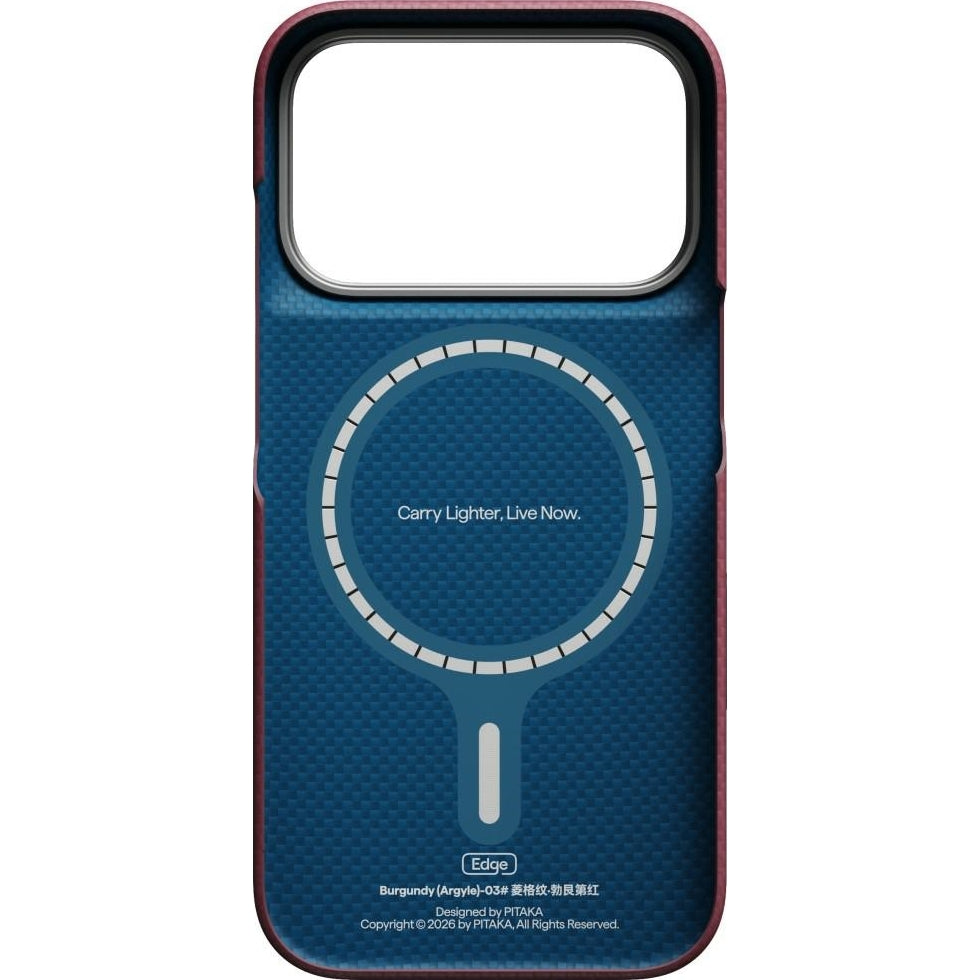 Aramid Handyhülle für iPhone 18 Pro / 17 Pro, PITAKA Edge Ultra-Slim Case PitaTap mit MagSafe, Burgunderrot mit Rautenmuster (5/10)