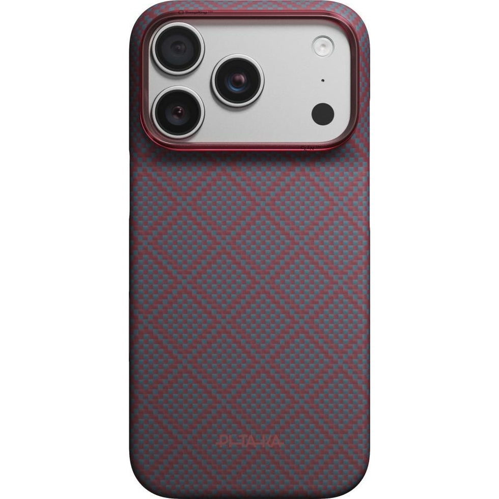 Aramid Handyhülle für iPhone 18 Pro / 17 Pro, PITAKA Edge Ultra-Slim Case PitaTap mit MagSafe, Blau und Rotwein mit Rautenmuster (1/9)