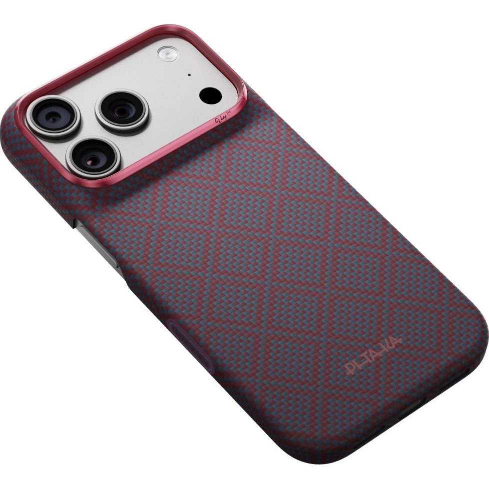 Aramid Handyhülle für iPhone 18 Pro Max / 17 Pro Max, PITAKA Edge Ultra-Slim Case PitaTap mit MagSafe, Blau und Rotwein mit Rautenmuster (4/9)