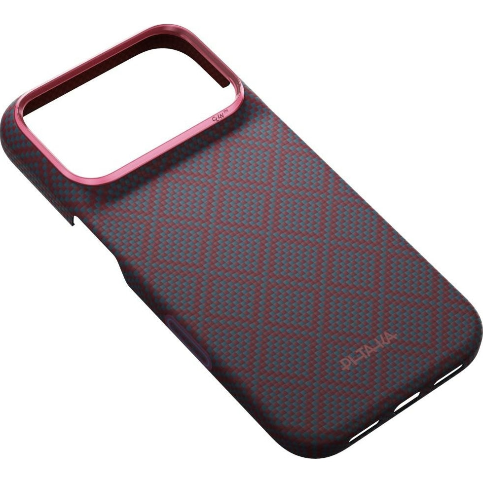Aramid Handyhülle für iPhone 18 Pro / 17 Pro, PITAKA Edge Ultra-Slim Case PitaTap mit MagSafe, Blau und Rotwein mit Rautenmuster (5/9)