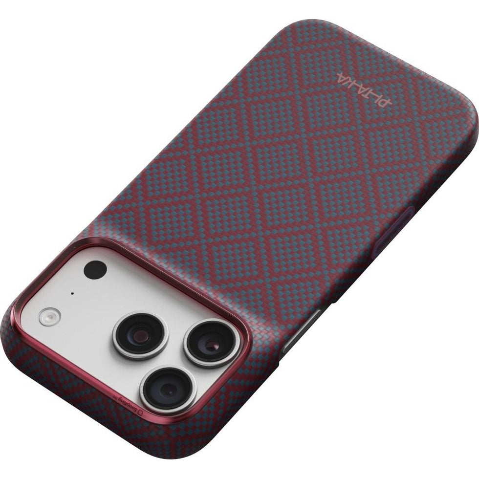 Aramid Handyhülle für iPhone 18 Pro / 17 Pro, PITAKA Edge Ultra-Slim Case PitaTap mit MagSafe, Blau und Rotwein mit Rautenmuster (6/9)