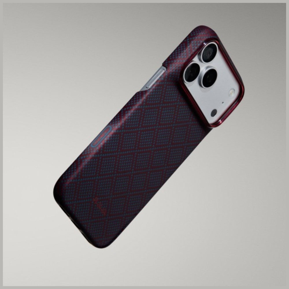 Aramid Handyhülle für iPhone 18 Pro / 17 Pro, PITAKA Edge Ultra-Slim Case PitaTap mit MagSafe, Blau und Rotwein mit Rautenmuster (8/9)