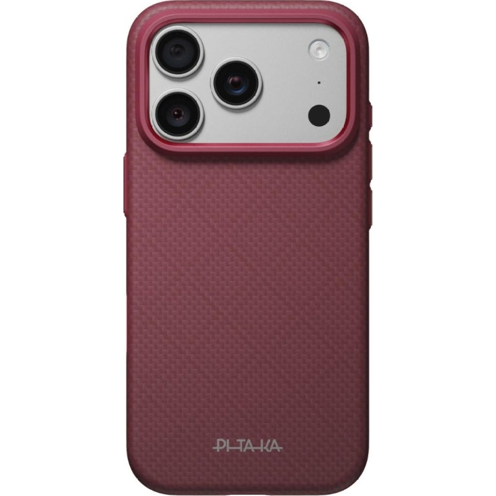 Aramid Handyhülle für iPhone 18 Pro / 17 Pro, PITAKA Ultra-Slim Case mit MagSafe, Burgunderrot mit Rautenmuster (1/9)