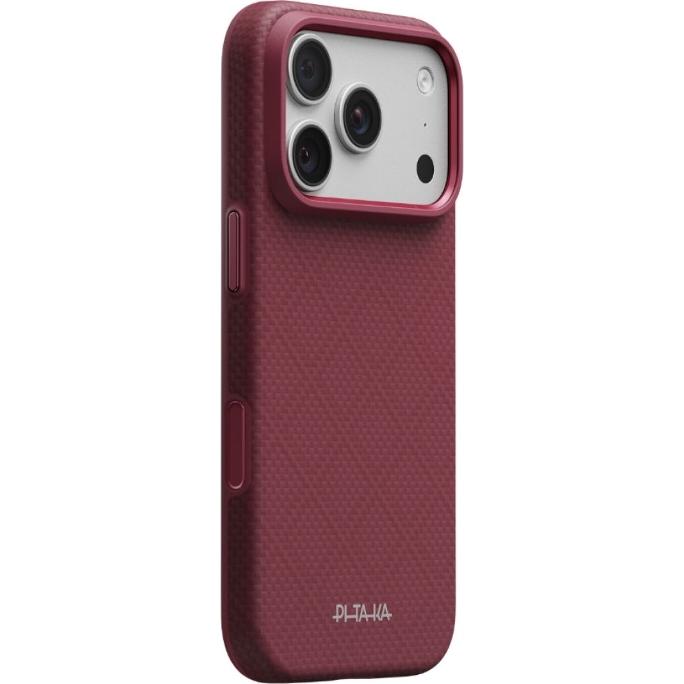 Aramid Handyhülle für iPhone 18 Pro / 17 Pro, PITAKA Ultra-Slim Case mit MagSafe, Burgunderrot mit Rautenmuster (2/9)