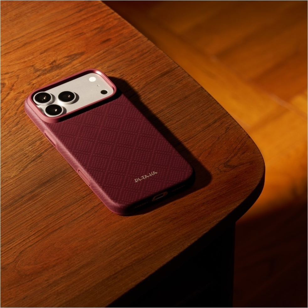 Aramid Handyhülle für iPhone 18 Pro / 17 Pro, PITAKA Ultra-Slim Case mit MagSafe, Burgunderrot mit Rautenmuster (8/9)