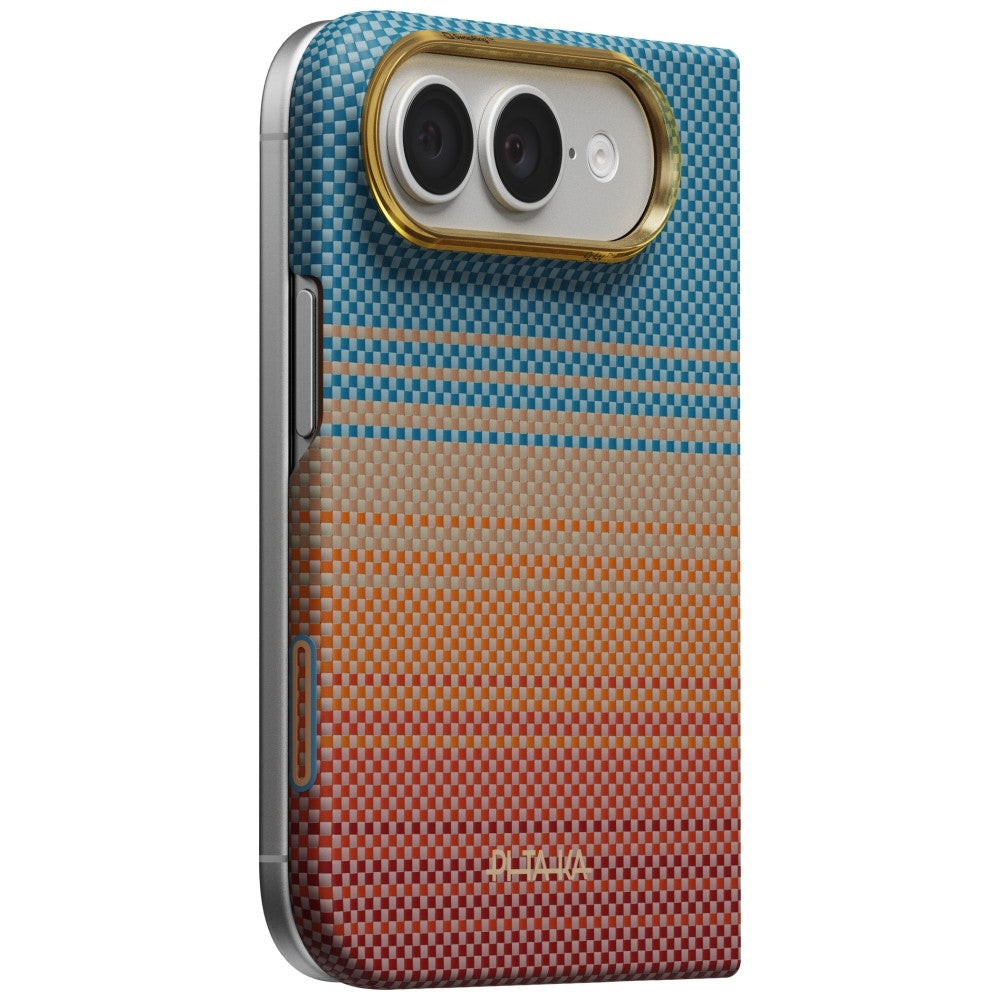Aramid Handyhülle für iPhone Duo, PITAKA Edge Ultra-Slim Case PitaTap mit MagSafe, Orange und Blau mit Kevlar (2/14)