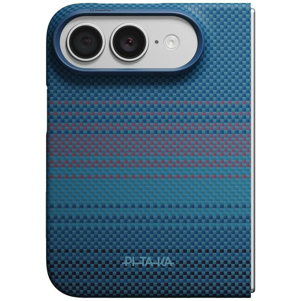 Aramid Handyhülle für iPhone Duo, PITAKA Edge Ultra-Slim Case PitaTap mit MagSafe, Blau und Rot mit Kevlar (1/13)