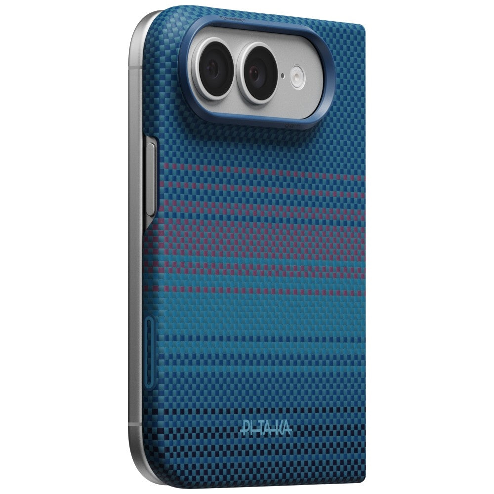 Aramid Handyhülle für iPhone Duo, PITAKA Edge Ultra-Slim Case PitaTap mit MagSafe, Blau und Rot mit Kevlar (2/13)