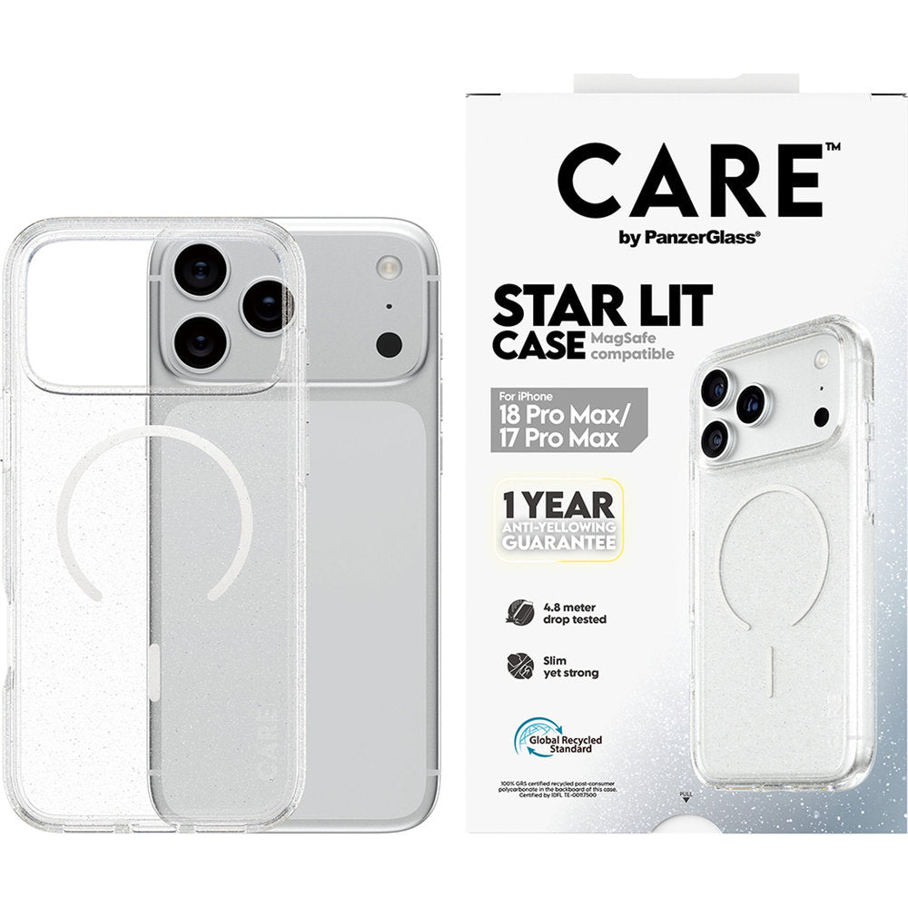 Handyhülle für iPhone 18 Pro Max / 17 Pro Max, CARE by PanzerGlass Flagship Star Lit Case mit MagSafe, Transparent mit Glitzer (2/6)