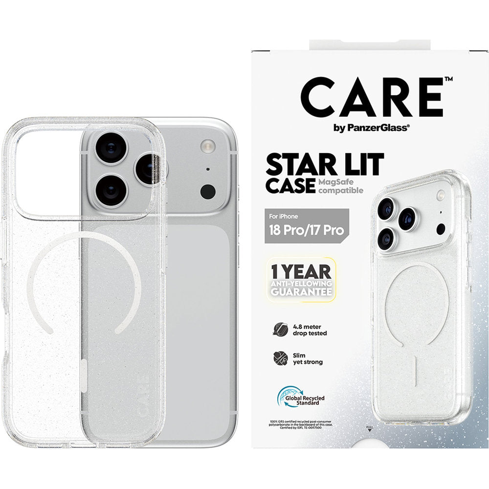 Handyhülle für iPhone 18 Pro / 17 Pro, CARE by PanzerGlass Flagship Star Lit Case mit MagSafe, Transparent mit Glitzer (2/6)
