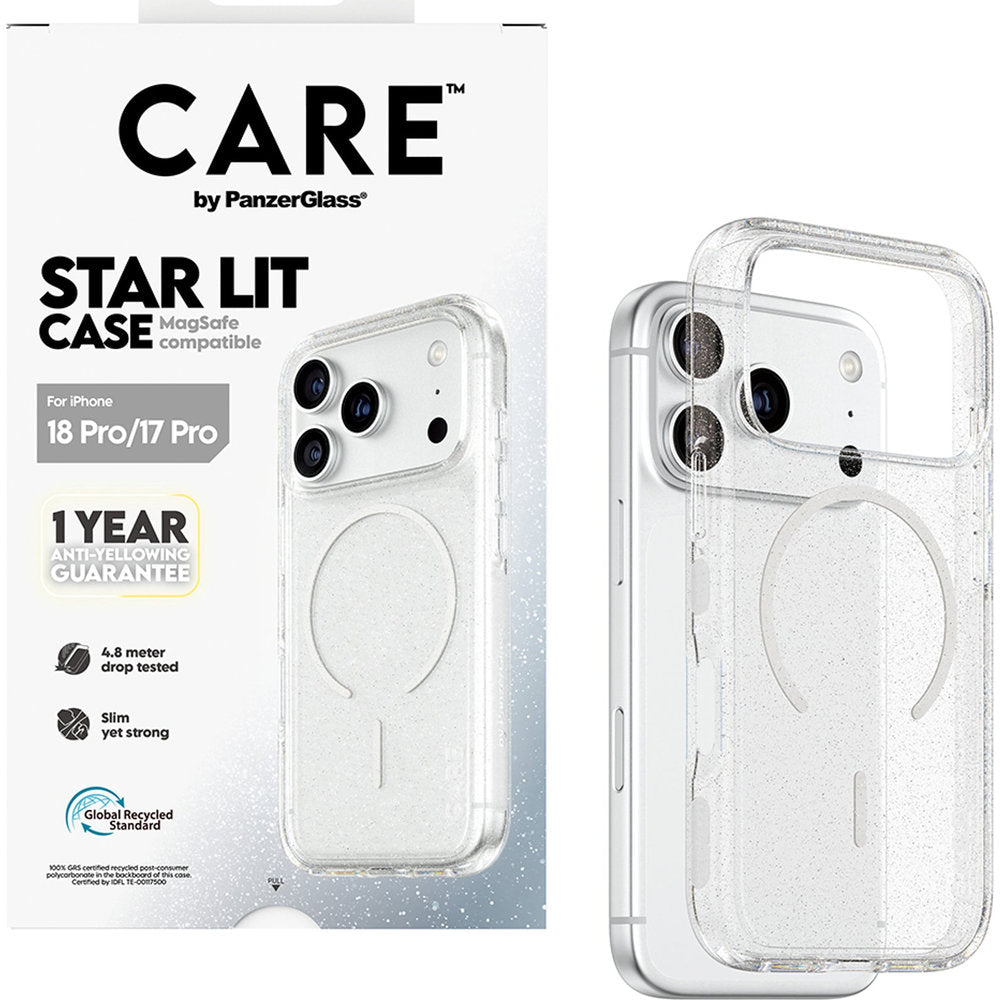 Handyhülle für iPhone 18 Pro / 17 Pro, CARE by PanzerGlass Flagship Star Lit Case mit MagSafe, Transparent mit Glitzer (5/6)