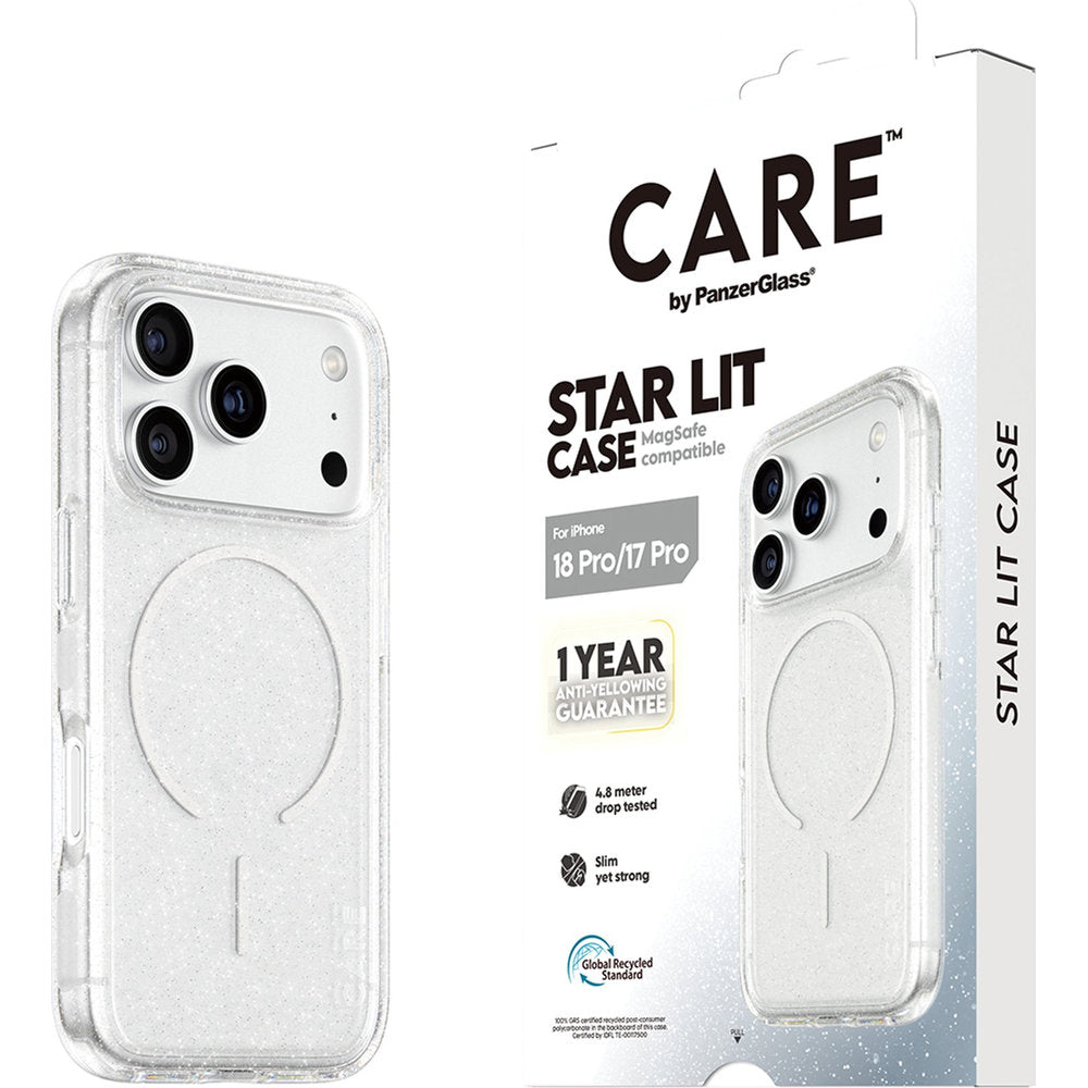 Handyhülle für iPhone 18 Pro / 17 Pro, CARE by PanzerGlass Flagship Star Lit Case mit MagSafe, Transparent mit Glitzer (6/6)