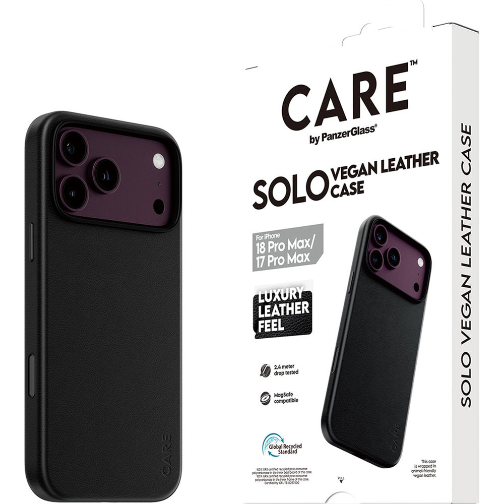 Handyhülle aus veganem Leder für iPhone 18 Pro Max / 17 Pro Max, CARE by PanzerGlass Solo Vegan Leather Case mit MagSafe, Schwarz (6/6)