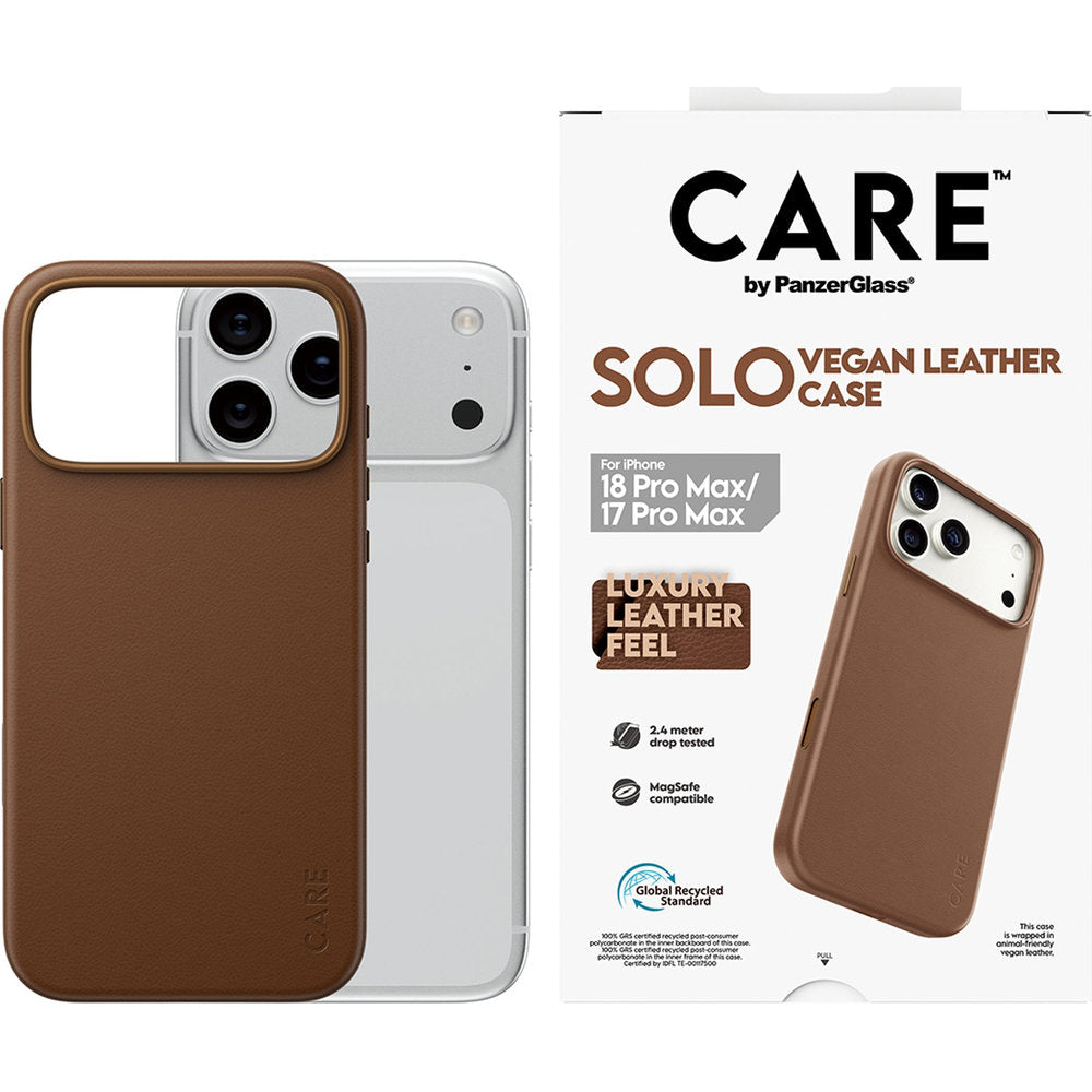 Handyhülle aus veganem Leder für iPhone 18 Pro Max / 17 Pro Max, CARE by PanzerGlass Solo Vegan Leather Case mit MagSafe, Braun (2/6)