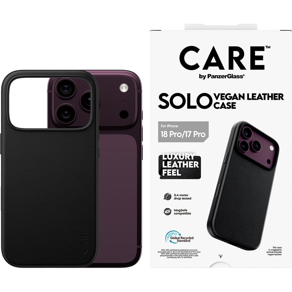 Handyhülle aus veganem Leder für iPhone 18 Pro / 17 Pro, CARE by PanzerGlass Solo Vegan Leather Case mit MagSafe, Schwarz (2/6)