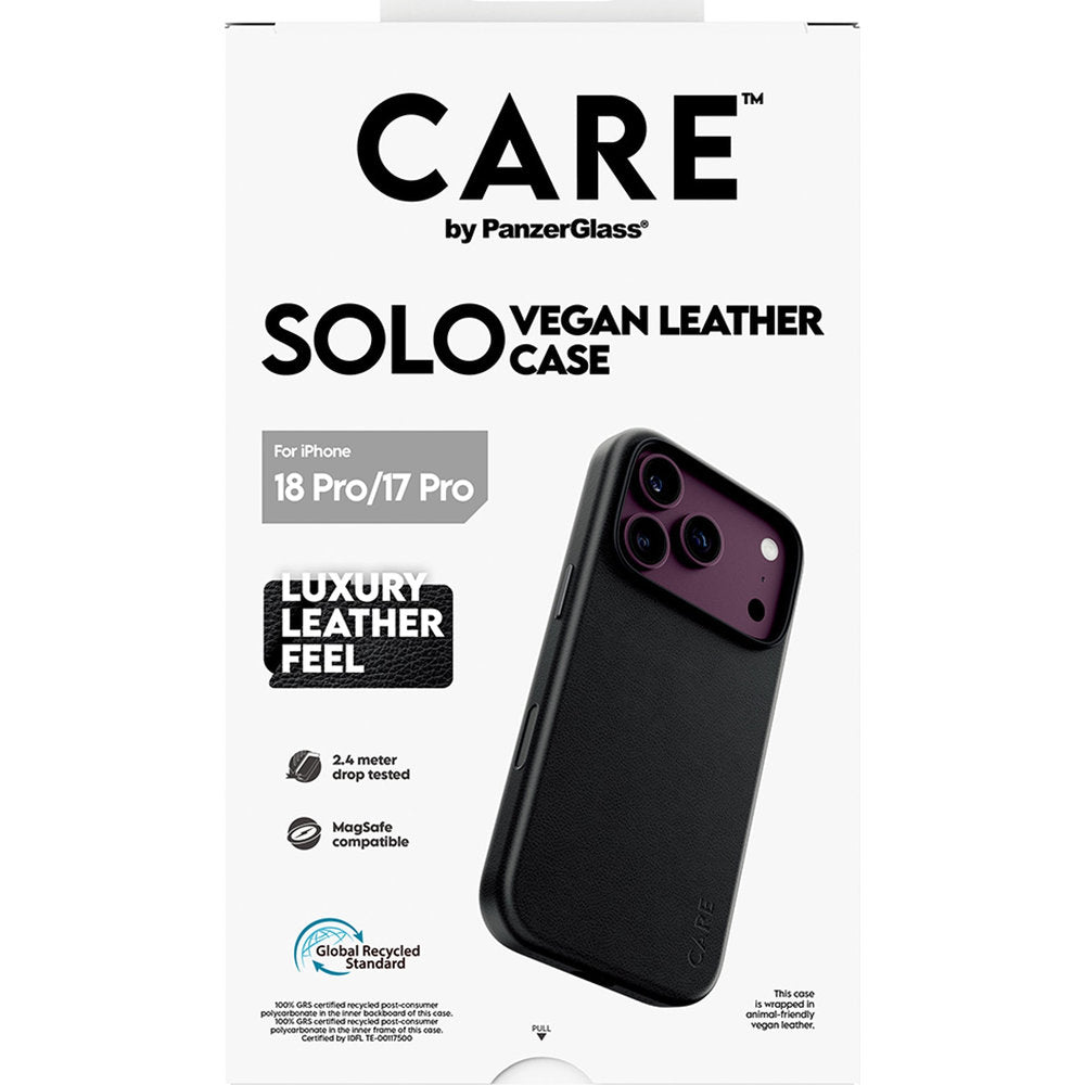 Handyhülle aus veganem Leder für iPhone 18 Pro / 17 Pro, CARE by PanzerGlass Solo Vegan Leather Case mit MagSafe, Schwarz (3/6)