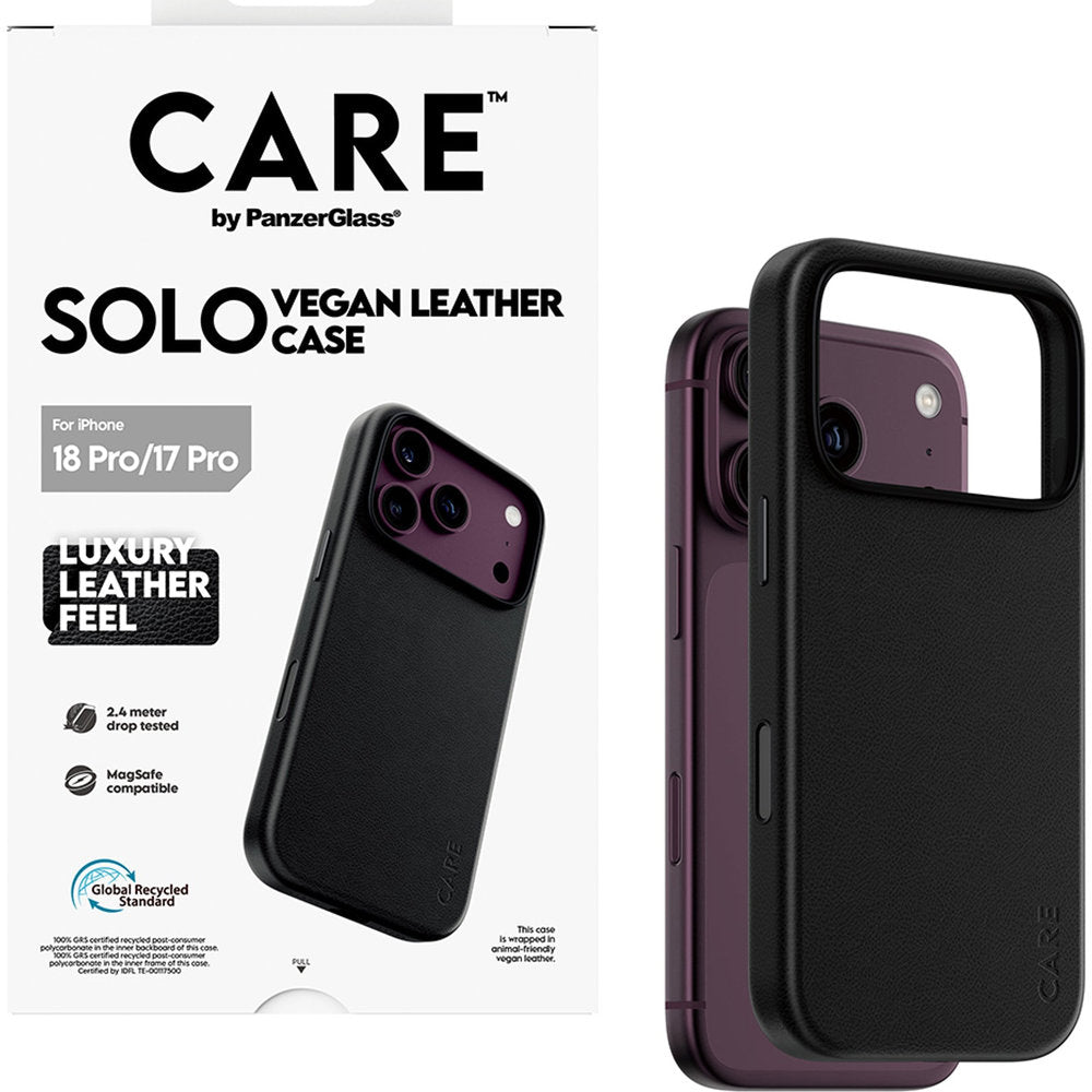 Handyhülle aus veganem Leder für iPhone 18 Pro / 17 Pro, CARE by PanzerGlass Solo Vegan Leather Case mit MagSafe, Schwarz (5/6)