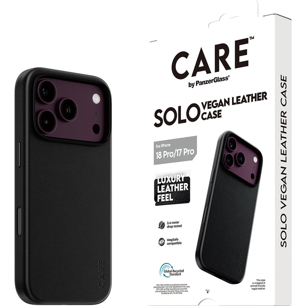 Handyhülle aus veganem Leder für iPhone 18 Pro / 17 Pro, CARE by PanzerGlass Solo Vegan Leather Case mit MagSafe, Schwarz (6/6)