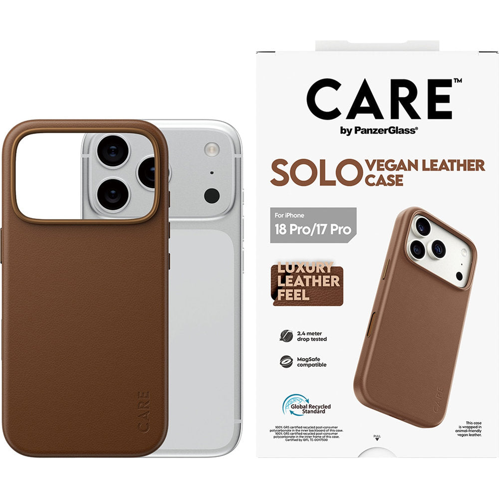Handyhülle aus veganem Leder für iPhone 18 Pro / 17 Pro, CARE by PanzerGlass Solo Vegan Leather Case mit MagSafe, Braun (2/6)