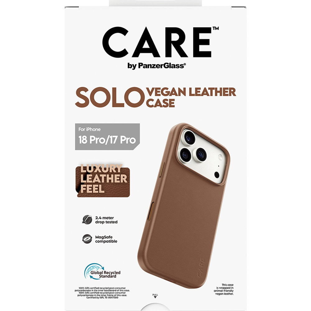 Handyhülle aus veganem Leder für iPhone 18 Pro / 17 Pro, CARE by PanzerGlass Solo Vegan Leather Case mit MagSafe, Braun (3/6)