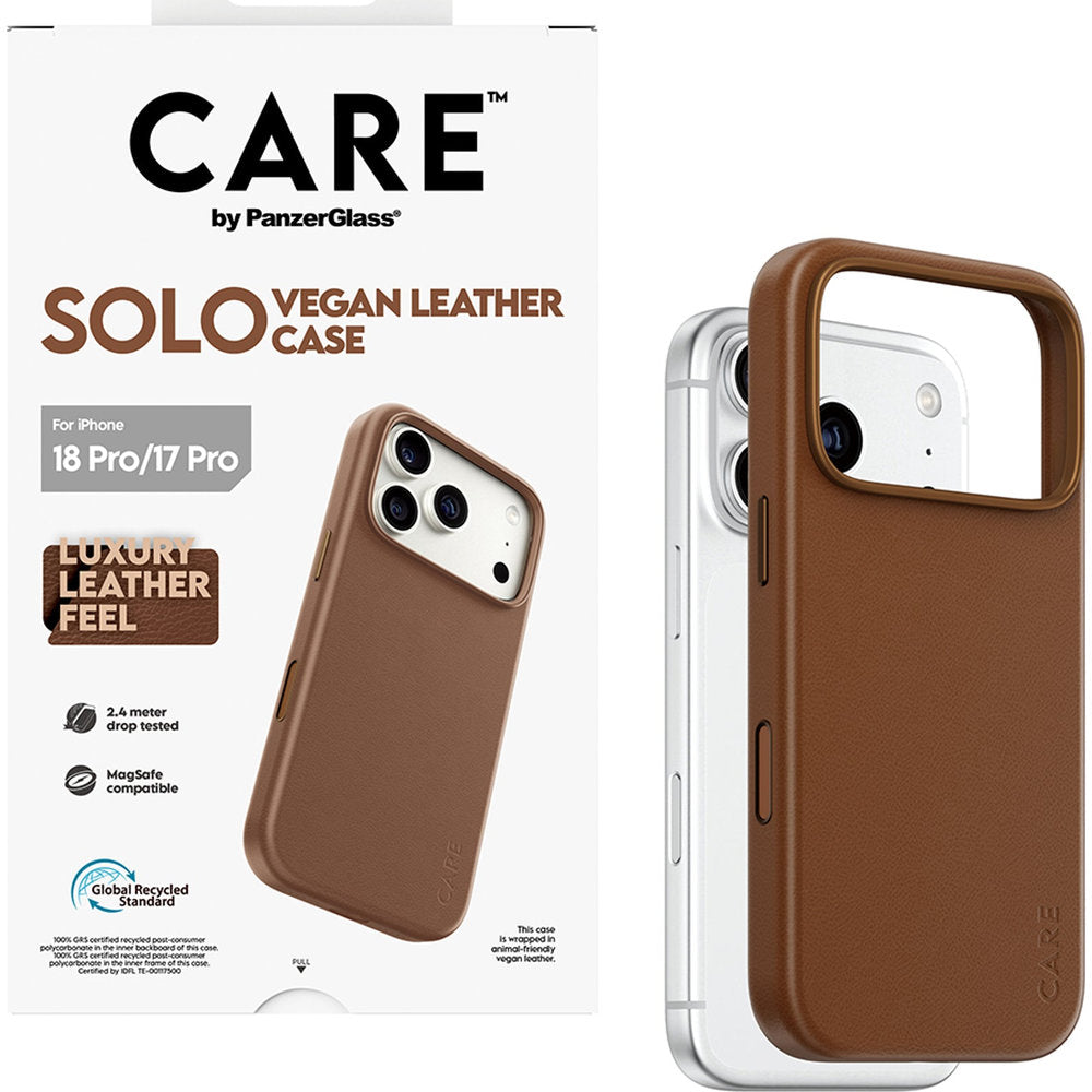 Handyhülle aus veganem Leder für iPhone 18 Pro / 17 Pro, CARE by PanzerGlass Solo Vegan Leather Case mit MagSafe, Braun (5/6)