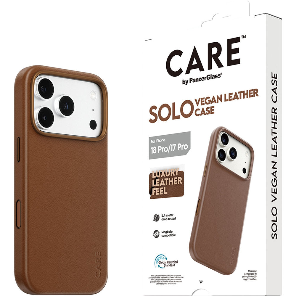 Handyhülle aus veganem Leder für iPhone 18 Pro / 17 Pro, CARE by PanzerGlass Solo Vegan Leather Case mit MagSafe, Braun (6/6)