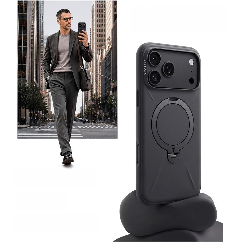 Handyhülle mit 360° drehbarem Standfuß mit MagSafe für iPhone 18 Pro / 17 Pro, Torras Q3 Silicone, Schwarz (5/7)