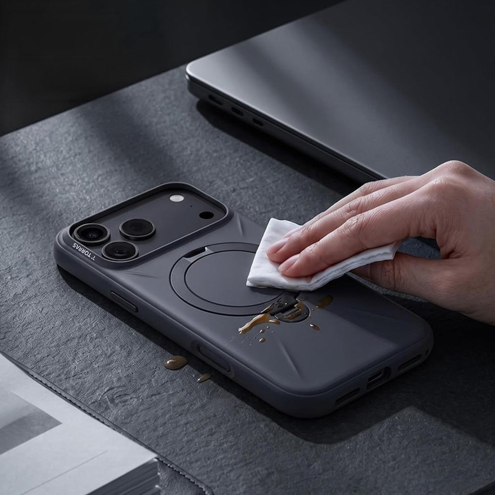 Handyhülle mit 360° drehbarem Standfuß mit MagSafe für iPhone 18 Pro / 17 Pro, Torras Q3 Silicone, Schwarz (6/7)