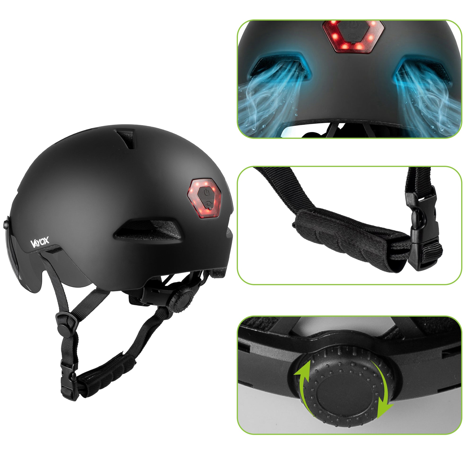 Fahrradhelm mit LED-Licht, Vayox Street VA0423BMM 55-58 cm, Schwarz