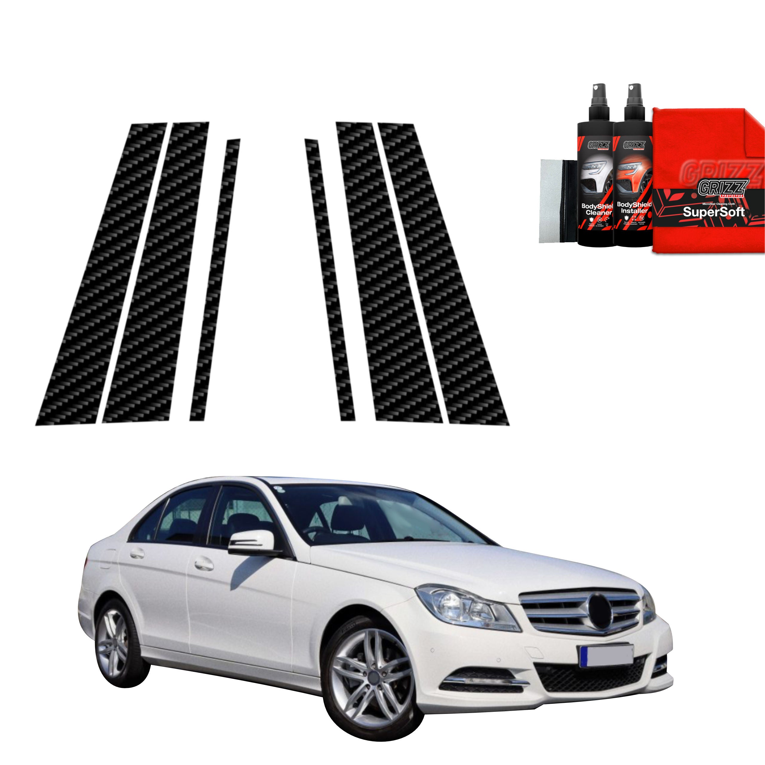 6in1 Kohlenstoff Schutzfolie Grizz Protector für B-C-Säule - Mercedes Benz C Klasse W204 Sedan Facelifting (2011-2014)