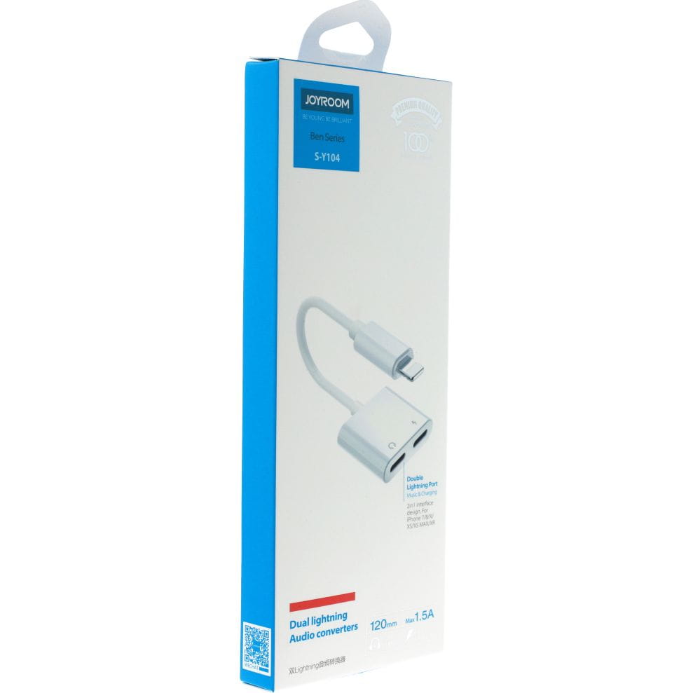 Ladekabel / Adapter Lightning (Stecker) zu 2x Lightning (Buchse), Joyroom Ben Series, Kopfhörersplitter, 1.5A, 120mm, Weiß
