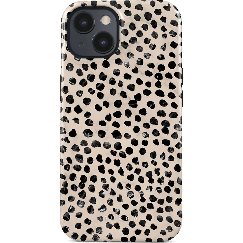 Schutzhülle Burga Almond Latte Tough Magsafe für iPhone 15, Beige mit schwarzen Punkten