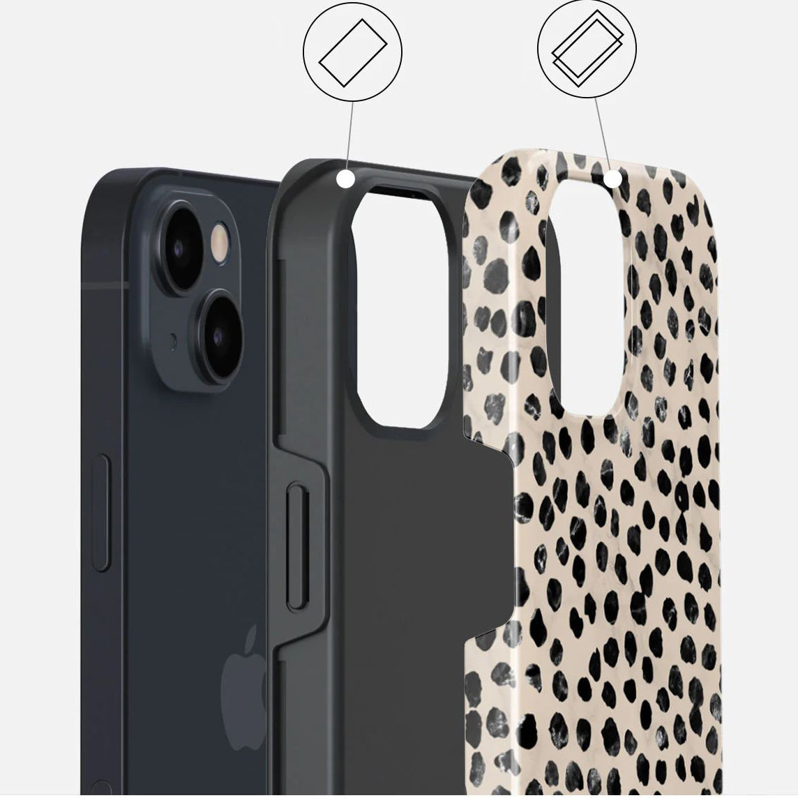 Schutzhülle Burga Almond Latte Tough Magsafe für iPhone 15, Beige mit schwarzen Punkten