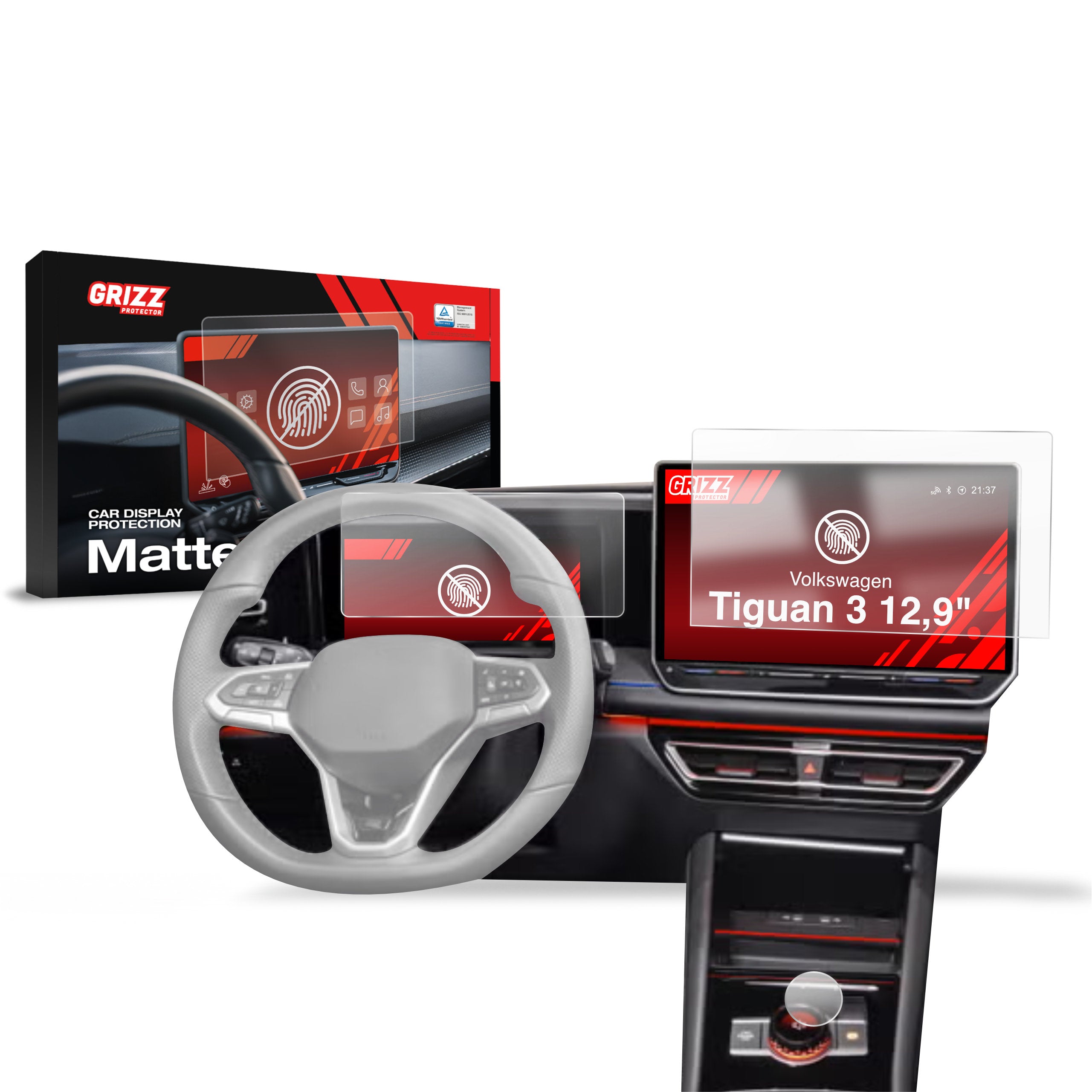 Matte Autodisplayfolie 3in1 für Volkswagen Tiguan 3 12,9" (2024-2026), Grizz Protector