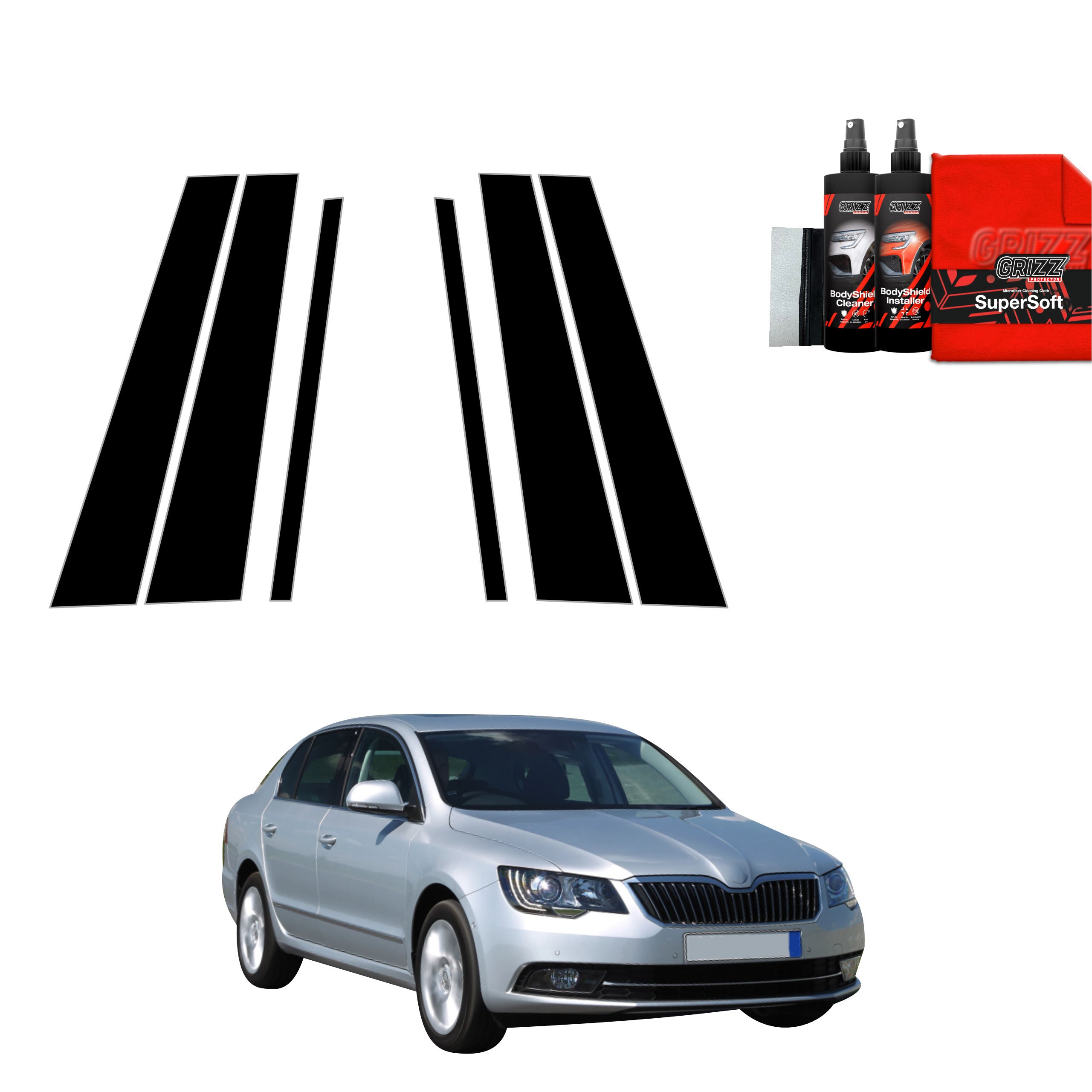 6in1 Schwarze Grizz Protector schutzfolie für B-C-Säule - Skoda Superb 2 Facelifting (2013-2015)