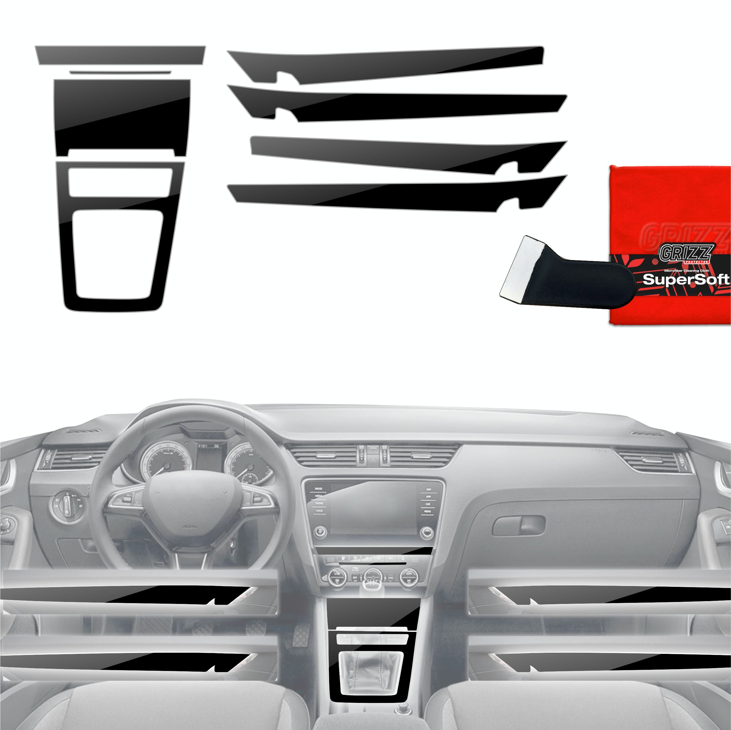 8in1 Schutzfolien Grizz Protector für Mittelkonsole & Armaturenbrett - Skoda Octavia 3 (2017-2020) Schwarz Glanz