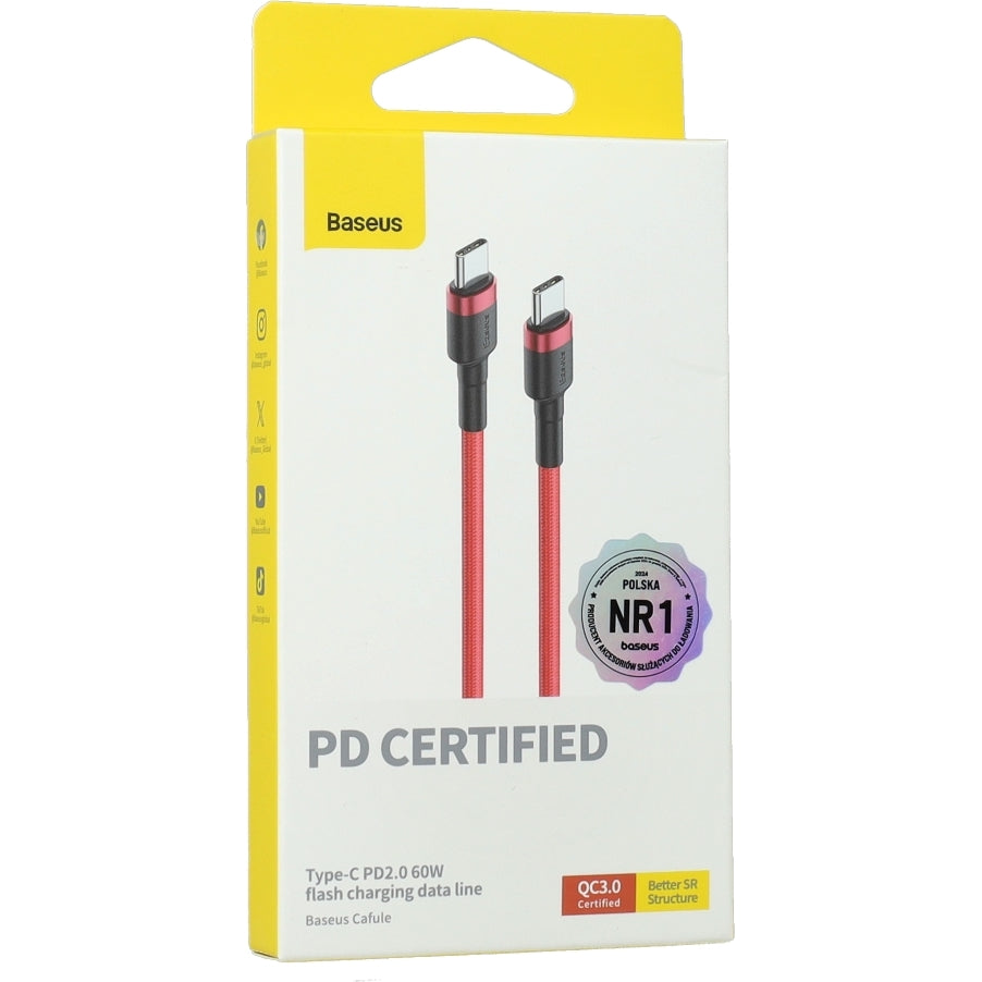 Kabel Baseus Cafule 60W 3A USB-C für USB-C 1m, Rot-Schwarz