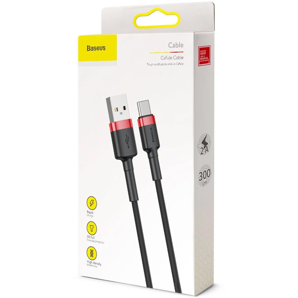 Kabel USB-A zu USB-C, 2A, 3m, Baseus Cafule, Schwarz-Rot