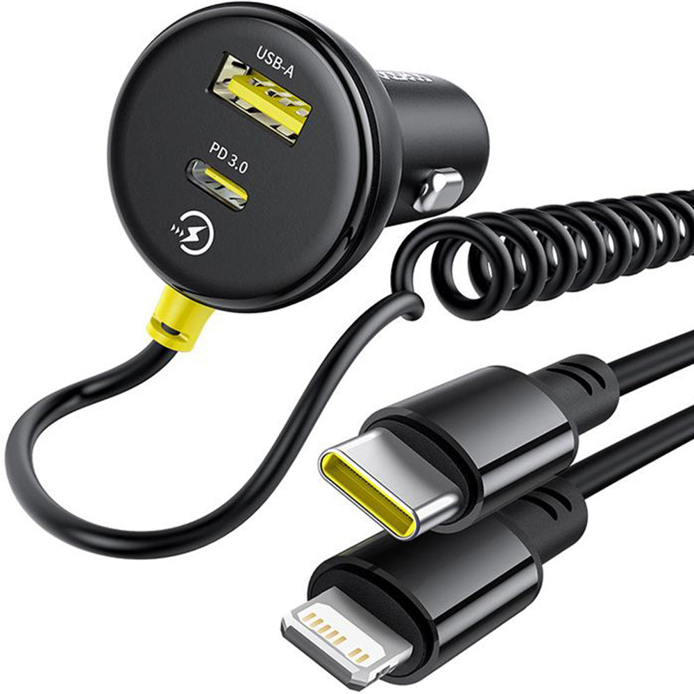 Autoladegerät 1x USB-A, 1x USB-C PD 3.0, 60W + kabel Lightning, USB-C, Baseus Circular, Schwarz