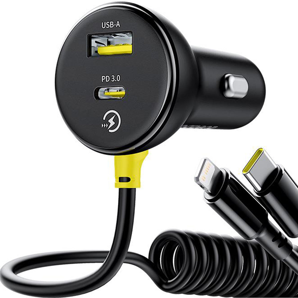 Autoladegerät 1x USB-A, 1x USB-C PD 3.0, 60W + kabel Lightning, USB-C, Baseus Circular, Schwarz