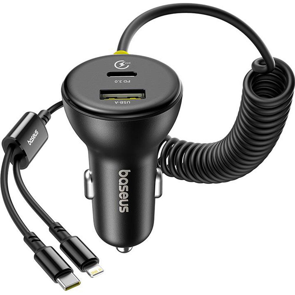 Autoladegerät 1x USB-A, 1x USB-C PD 3.0, 60W + kabel Lightning, USB-C, Baseus Circular, Schwarz