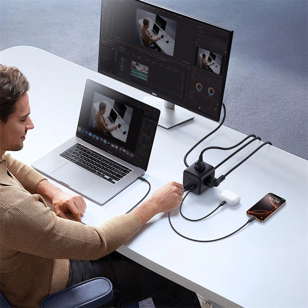 Steckdosenleiste / Verlängerungskabel 3x AC EU Schuko, 1x USB-A, 2x USB-C 67W, mit 1,5 m Kabel, Baseus EnerFill FA11, Schwarz