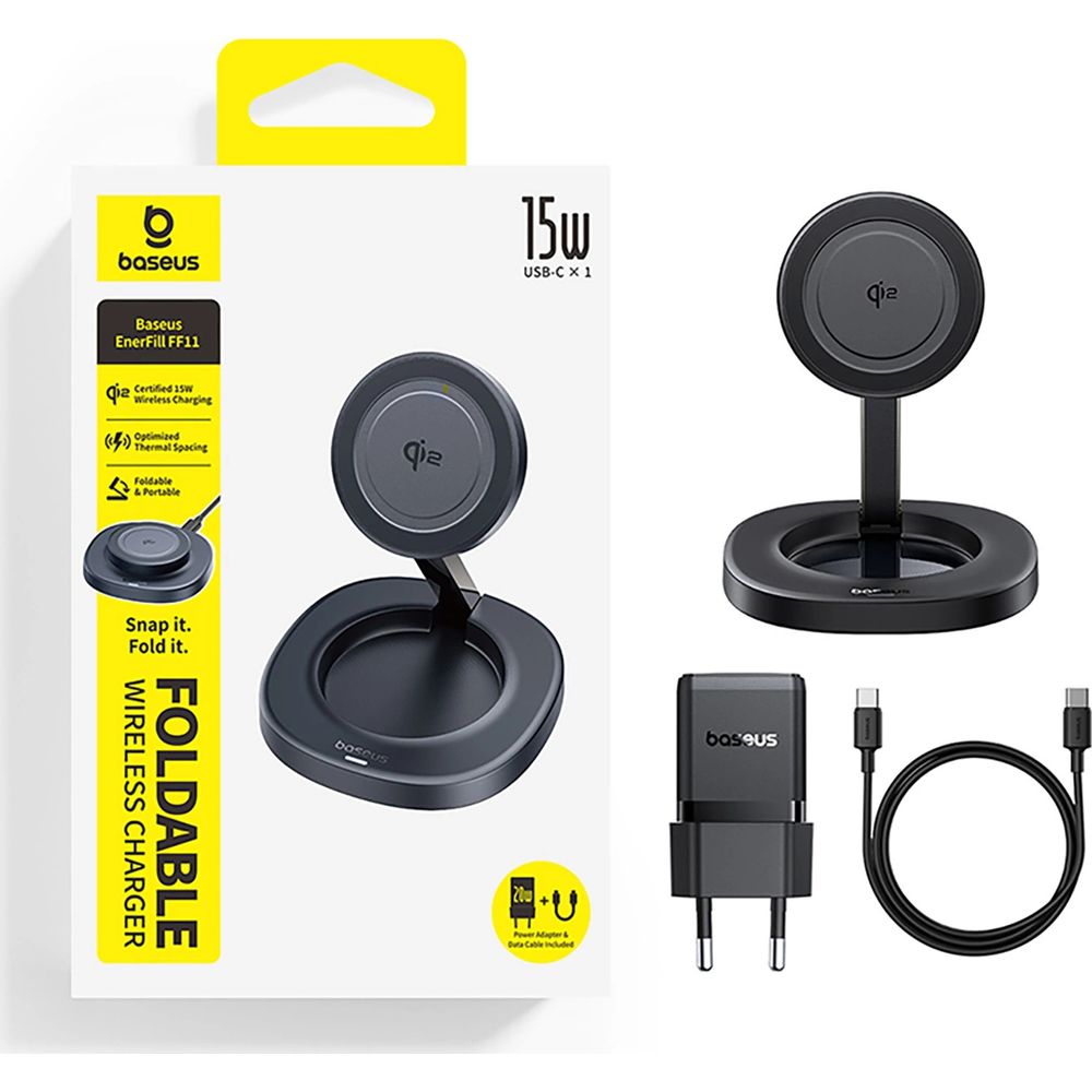 Faltbares induktives Ladegerät, Baseus EnerFill FF11 mit MagSafe, Qi2 15W + Ladegerät USB-C 20W und Kabel USB-C 1 m, Schwarz