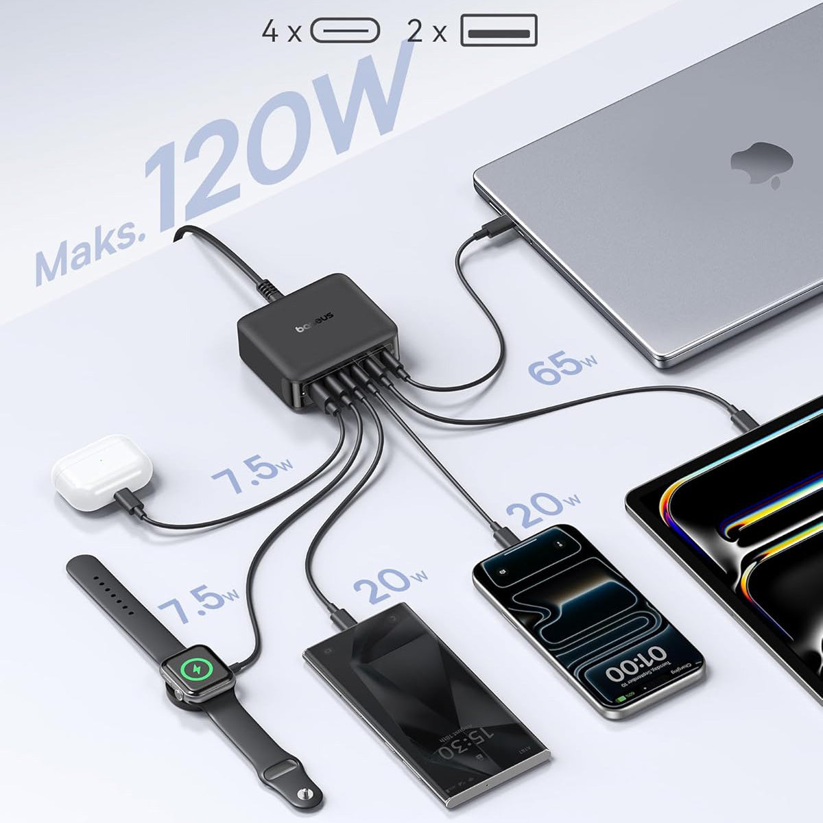 GaN-Ladestation, Tischladegerät 120 W, 4x USB-C / 2x USB-A, Baseus EnerFill FH21, Schwarz