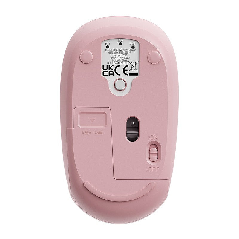Ergonomische kabellose Maus, Baseus F01B, Tri-Mode Wireless Mouse, Bluetooth 5.0 / 3.0, 2.4 GHz (USB) 1600 DPI, Rosa