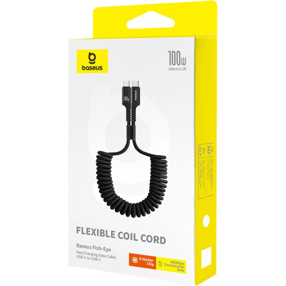 Spiralkabel USB-C auf USB-C, Baseus Fish-Eye, PD 100W, 480 Mbps, 1 m, Schwarz