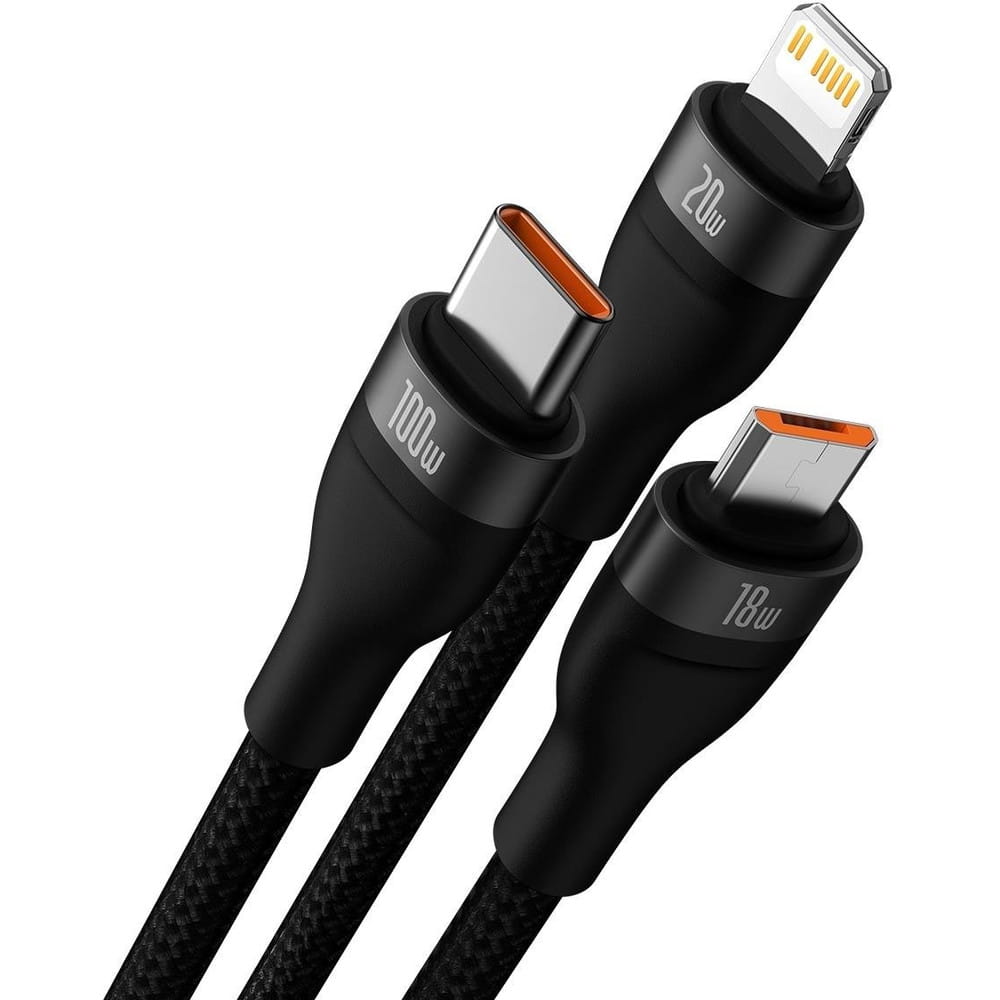 Kabel 3in1 USB-C / USB-A zu USB-C / Lighning / MicroUSB, Baseus Flash Series II, Schwarz