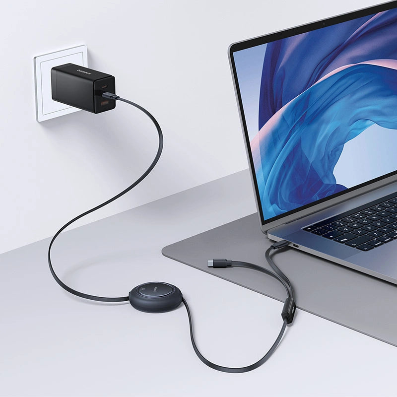 Aufrollbares Kabel, Baseus Free2Pull USB-C - 2x USB-C, 100 W PD, 1.2 m, Schwarz