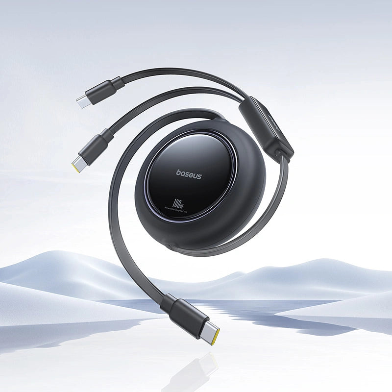 Aufrollbares Kabel, Baseus Free2Pull USB-C - 2x USB-C, 100 W PD, 1.2 m, Schwarz